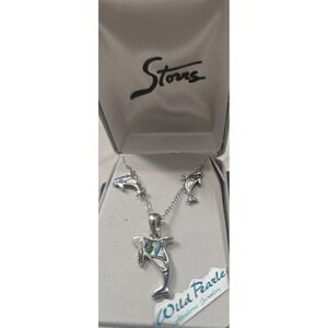New Genuine Alaska Wild Pearle Abalone Shell Orca Whale Necklace and Earrings